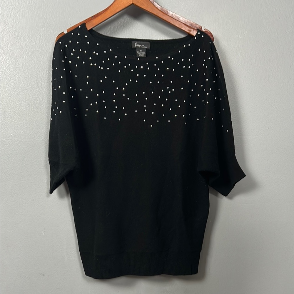 Evelyn Sparkle Cashmere Sweater Boat Neck size M Black Studded Women's Top